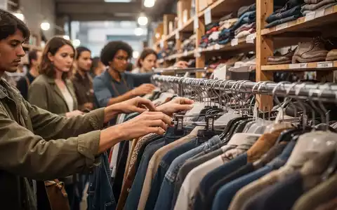 Menschen durchsuchen Kleiderständer und Regale auf einem belebten Second-Hand-Markt, Hände halten gebrauchte Artikel. - Foto: über boerse-global.de