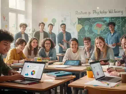 Eine Gruppe von Schülern und Lehrern in einem hellen Klassenzimmer, die sich mit Themen der positiven Psychologie beschäftigen. - Foto: über boerse-global.de