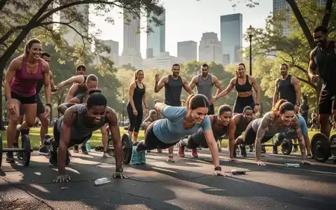 Eine dynamische Gruppe von Erwachsenen trainiert bei einem Outdoor-Fitness-Bootcamp in einem Stadtpark. - Foto: über boerse-global.de