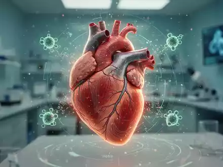 Ein stilisiertes menschliches Herz mit digitalen Daten-Overlays, umgeben von schwebenden Partikeln, die Cholesterin darstellen. - Foto: über boerse-global.de