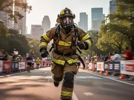 Ein Feuerwehrmann in voller Montur, inklusive Atemschutzgerät, läuft mit entschlossenem Ausdruck auf einer Marathonstrecke. - Foto: über boerse-global.de