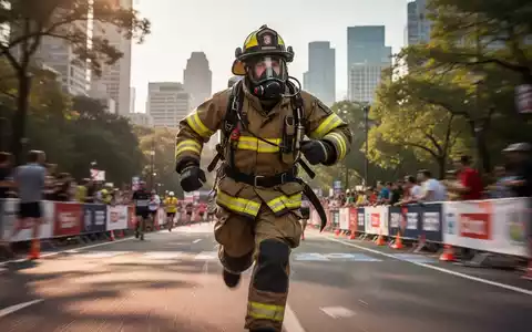Ein Feuerwehrmann in voller Montur, inklusive Atemschutzgerät, läuft mit entschlossenem Ausdruck auf einer Marathonstrecke. - Foto: über boerse-global.de