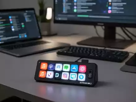 Ein Stream Deck MK.2 auf einem aufgeräumten Homeoffice-Schreibtisch, umgeben von Laptop und Monitor, symbolisiert Produktivitätssteigerung. - Foto: über boerse-global.de