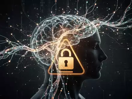 Eine stilisierte Darstellung eines Gehirns mit Datenströmen, die Warnsymbole und ein Schloss umgeben, symbolisiert Online-Sicherheitsbedenken. - Foto: über boerse-global.de
