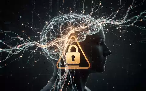 Eine stilisierte Darstellung eines Gehirns mit Datenströmen, die Warnsymbole und ein Schloss umgeben, symbolisiert Online-Sicherheitsbedenken. - Foto: über boerse-global.de