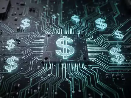 Digital circuit board with glowing lines and subtle dollar signs, representing the high operational costs of AI subscriptions. - Foto: über boerse-global.de