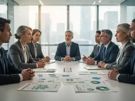 Führungskräfte diskutieren Nachhaltigkeitsberichte an einem Konferenztisch, umgeben von Dokumenten und Bildschirmen. - Foto: über boerse-global.de