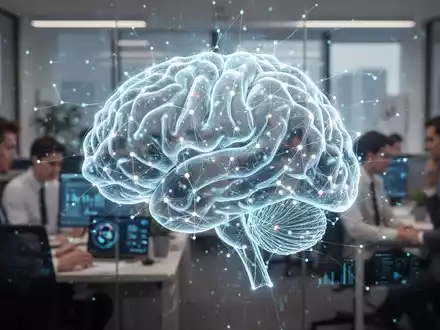 Eine stilisiertes, leuchtendes neuronales Netz über einem verschwommenen Hintergrund von Büroangestellten in einer HR-Abteilung. - Foto: über boerse-global.de
