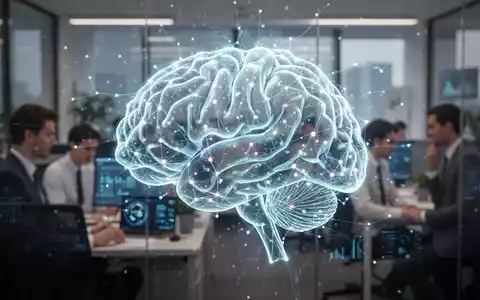 Eine stilisiertes, leuchtendes neuronales Netz über einem verschwommenen Hintergrund von Büroangestellten in einer HR-Abteilung. - Foto: über boerse-global.de