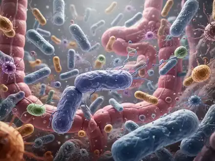 Mikroskopische Ansicht von Darmbakterien und Mikroorganismen in leuchtenden Farben, die ein komplexes Ökosystem darstellen. - Foto: über boerse-global.de
