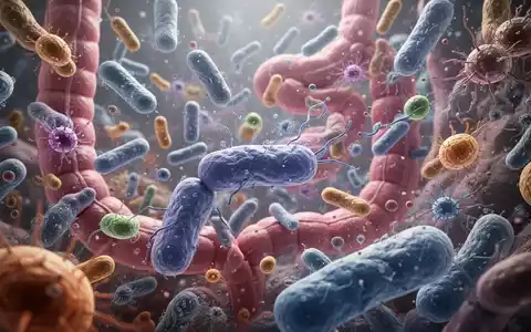 Mikroskopische Ansicht von Darmbakterien und Mikroorganismen in leuchtenden Farben, die ein komplexes Ökosystem darstellen. - Foto: über boerse-global.de