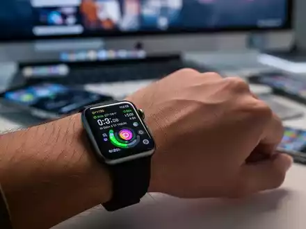 A close-up of an Apple Watch on a wrist, displaying fitness metrics. A blurred MacBook and iPhone are in the background. - Foto: über boerse-global.de