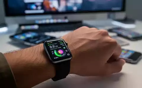 A close-up of an Apple Watch on a wrist, displaying fitness metrics. A blurred MacBook and iPhone are in the background. - Foto: über boerse-global.de