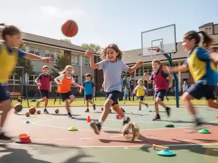 Kinder spielen draußen Sport, mit Fokus auf Bewegung und Freude, in einer Schulumgebung. - Foto: über boerse-global.de