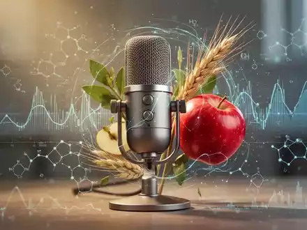 Ein stilisiertes Bild eines Podcast-Mikrofons, das sich mit abstrakten wissenschaftlichen Datenvisualisierungen und einem Apfel verflechtet. - Foto: über boerse-global.de