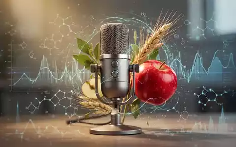 Ein stilisiertes Bild eines Podcast-Mikrofons, das sich mit abstrakten wissenschaftlichen Datenvisualisierungen und einem Apfel verflechtet. - Foto: über boerse-global.de