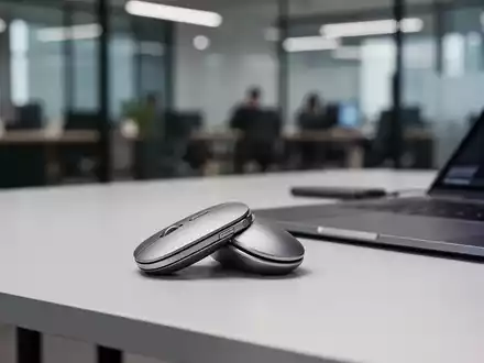 Eine elegante, moderne, faltbare Computermaus, teilweise zusammengeklappt, auf einem minimalistischen Schreibtisch neben einem Laptop. - Foto: über boerse-global.de