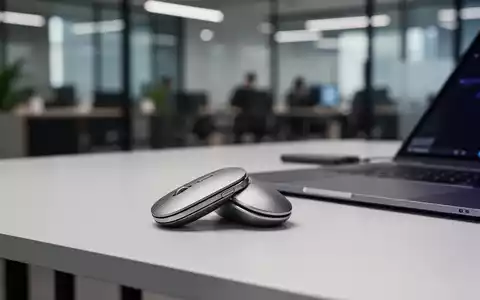 Eine elegante, moderne, faltbare Computermaus, teilweise zusammengeklappt, auf einem minimalistischen Schreibtisch neben einem Laptop. - Foto: über boerse-global.de