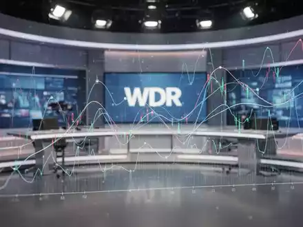 Abstrakte Darstellung von Finanzdaten und Medienübertragung mit digitalen Linien und Graphen über einem Sendestudio-Hintergrund. - Foto: über boerse-global.de