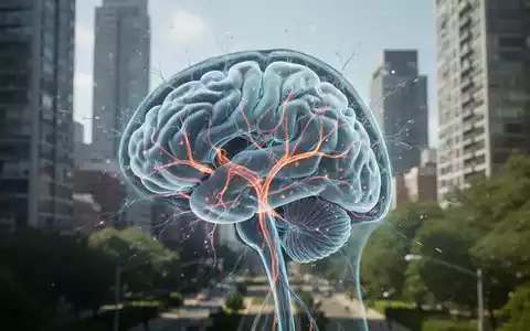 Eine Gehirnscan-Darstellung mit leuchtenden neuronalen Verbindungen, umgeben von einer verschwommenen Stadtszene mit Gebäuden und Natur. - Foto: über boerse-global.de