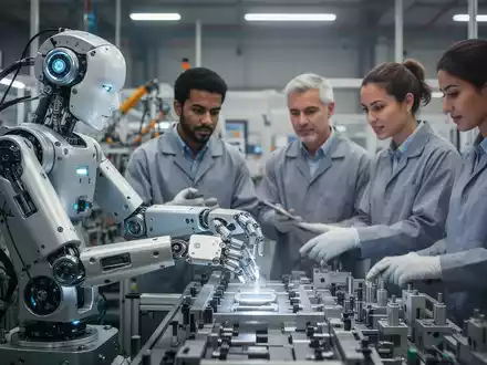 Ein humanoider Roboter arbeitet in einer modernen Fabrikhalle mit menschlichen Kollegen zusammen, die die Abläufe überwachen. - Foto: über boerse-global.de