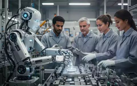 Ein humanoider Roboter arbeitet in einer modernen Fabrikhalle mit menschlichen Kollegen zusammen, die die Abläufe überwachen. - Foto: über boerse-global.de