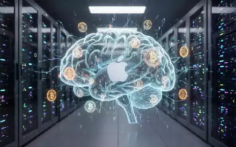 Holographic AI brain with digital currency symbols, intertwined with a subtle Apple logo, over server racks. - Foto: über boerse-global.de