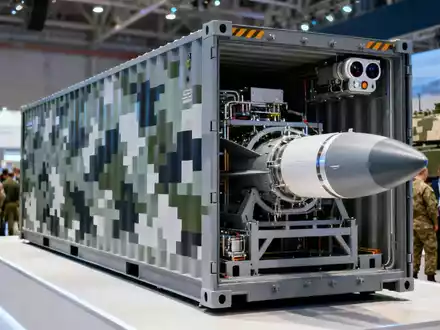 Ein moderner, getarnter containerisierter Raketenwerfer auf einer Verteidigungsmesse, umgeben von Zuschauern. - Foto: über boerse-global.de