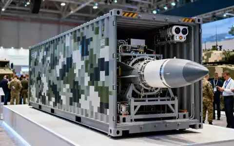 Ein moderner, getarnter containerisierter Raketenwerfer auf einer Verteidigungsmesse, umgeben von Zuschauern. - Foto: über boerse-global.de