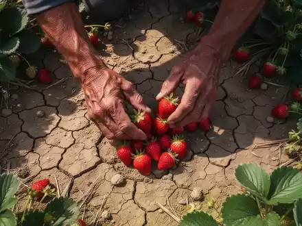 Nahaufnahme von Händen, die Erdbeeren in einem Feld pflücken, mit trockenem, rissigem Boden im Hintergrund, unter grellem Sonnenlicht. - Foto: über boerse-global.de