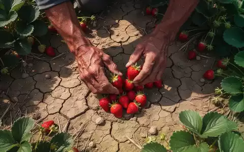 Nahaufnahme von Händen, die Erdbeeren in einem Feld pflücken, mit trockenem, rissigem Boden im Hintergrund, unter grellem Sonnenlicht. - Foto: über boerse-global.de