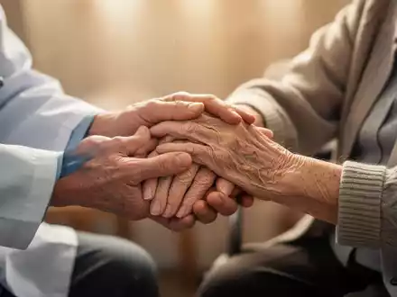 Hände eines medizinischen Fachpersonals halten sanft die Hände einer älteren Person, die Demenz symbolisiert. - Foto: über boerse-global.de