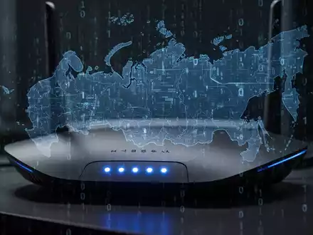 A glowing Wi-Fi router, with reflections of a digital map of Russia and binary code, symbolizing cyber espionage and vulnerability. - Foto: über boerse-global.de