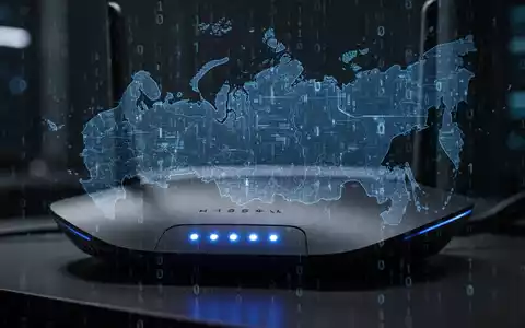 A glowing Wi-Fi router, with reflections of a digital map of Russia and binary code, symbolizing cyber espionage and vulnerability. - Foto: über boerse-global.de