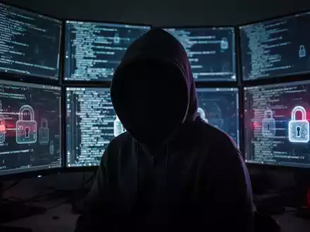 A shadowy figure in a hoodie in front of glowing computer screens displaying digital locks and code, with subtle police siren reflections. - Foto: über boerse-global.de