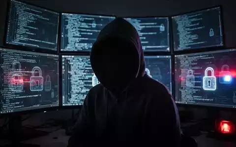 A shadowy figure in a hoodie in front of glowing computer screens displaying digital locks and code, with subtle police siren reflections. - Foto: über boerse-global.de