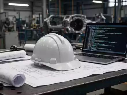 Ein einsamer Bauhelm liegt auf einer Werkbank neben Bauplänen und einem Laptop mit Softwarecode, symbolisiert Stellenabbau und Neuausrichtung. - Foto: über boerse-global.de
