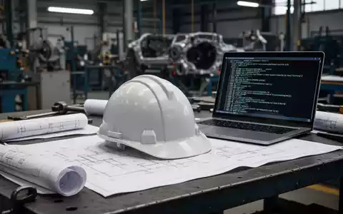 Ein einsamer Bauhelm liegt auf einer Werkbank neben Bauplänen und einem Laptop mit Softwarecode, symbolisiert Stellenabbau und Neuausrichtung. - Foto: über boerse-global.de