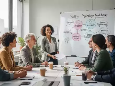 Eine Gruppe Erwachsener nimmt an einem Workshop für Positive Psychologie teil, lächelnd und engagiert in einem hellen Seminarraum. - Foto: über boerse-global.de