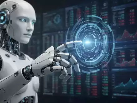 A sophisticated humanoid robot hand reaching towards a glowing digital interface, with a blurred high-tech financial background. - Foto: über boerse-global.de