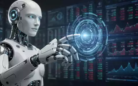 A sophisticated humanoid robot hand reaching towards a glowing digital interface, with a blurred high-tech financial background. - Foto: über boerse-global.de