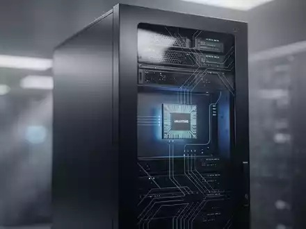 Ein futuristischer Server-Rack mit leuchtend blauen Lichtern, der Hochleistungsinformatik darstellt und einen Graviton5-Chip integriert. - Foto: über boerse-global.de