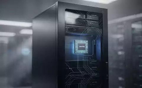 Ein futuristischer Server-Rack mit leuchtend blauen Lichtern, der Hochleistungsinformatik darstellt und einen Graviton5-Chip integriert. - Foto: über boerse-global.de