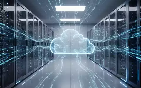 A futuristic server room with glowing blue data streams, symbolizing AI integration and cloud computing. - Foto: über boerse-global.de