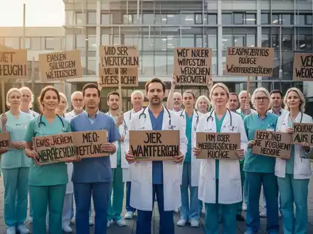 Gesundheitspersonal in Arbeitskleidung versammelt sich vor einem Krankenhaus, um gegen Sparmaßnahmen im Gesundheitswesen zu protestieren. - Foto: über boerse-global.de