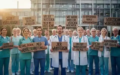 Gesundheitspersonal in Arbeitskleidung versammelt sich vor einem Krankenhaus, um gegen Sparmaßnahmen im Gesundheitswesen zu protestieren. - Foto: über boerse-global.de