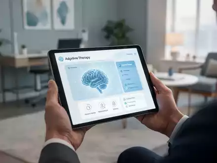 Hände halten ein Tablet mit einer Therapie-App, im Hintergrund ein unscharfes, ruhiges Büro, das digitale psychische Gesundheit symbolisiert. - Foto: über boerse-global.de