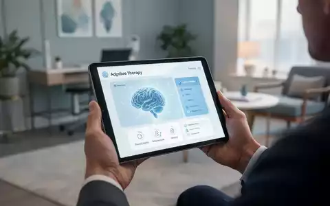 Hände halten ein Tablet mit einer Therapie-App, im Hintergrund ein unscharfes, ruhiges Büro, das digitale psychische Gesundheit symbolisiert. - Foto: über boerse-global.de