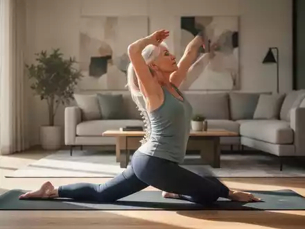 Eine ältere Frau (60er) macht eine sanfte Rückenübung auf einer Yogamatte in einem sonnigen Wohnzimmer. - Foto: über boerse-global.de