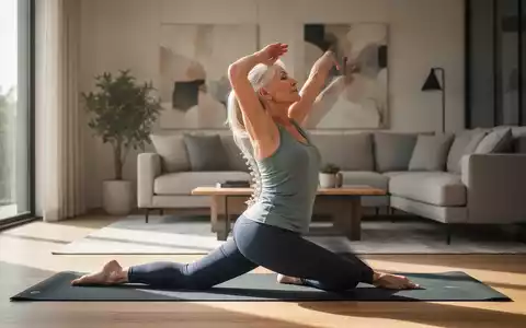 Eine ältere Frau (60er) macht eine sanfte Rückenübung auf einer Yogamatte in einem sonnigen Wohnzimmer. - Foto: über boerse-global.de